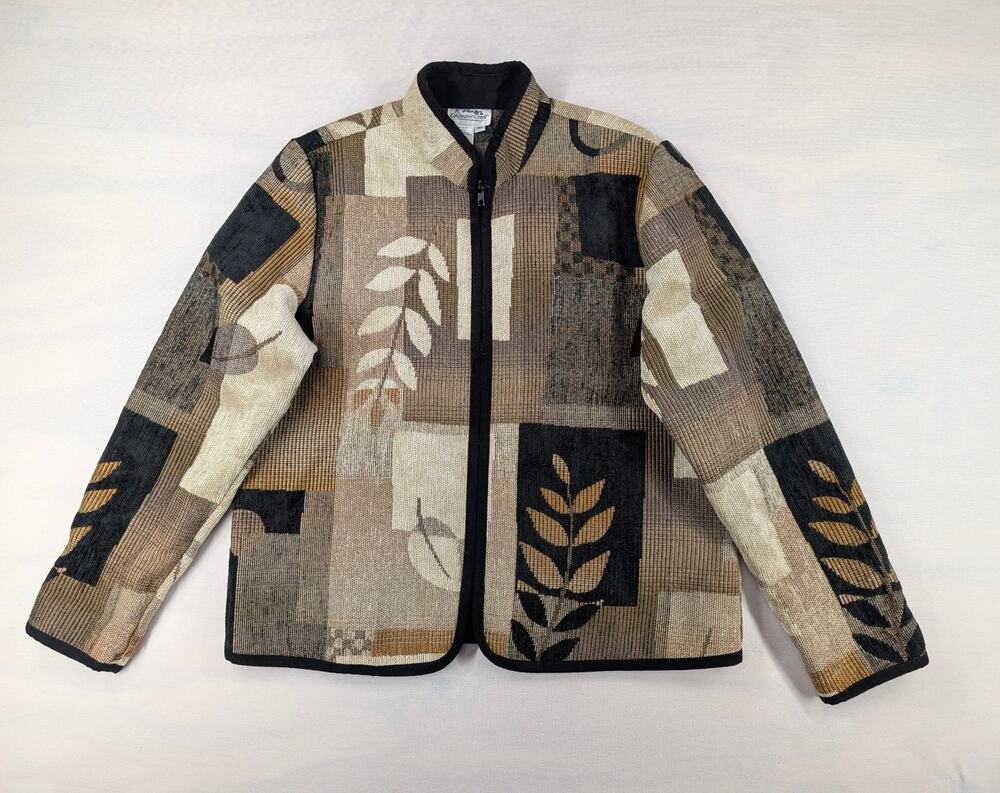 Vtg Coldwater Creek patchwork tapestry full zip jacket Medium leaves grannycore